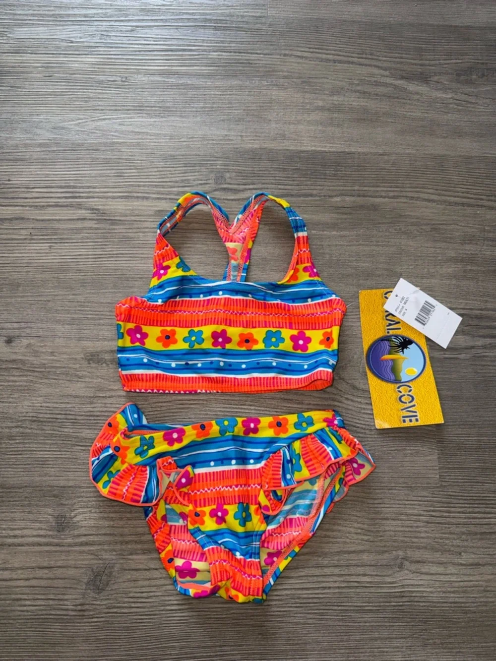 NWT Kids Two-Piece Floral Stripe Swimsuit Girl’s size 4